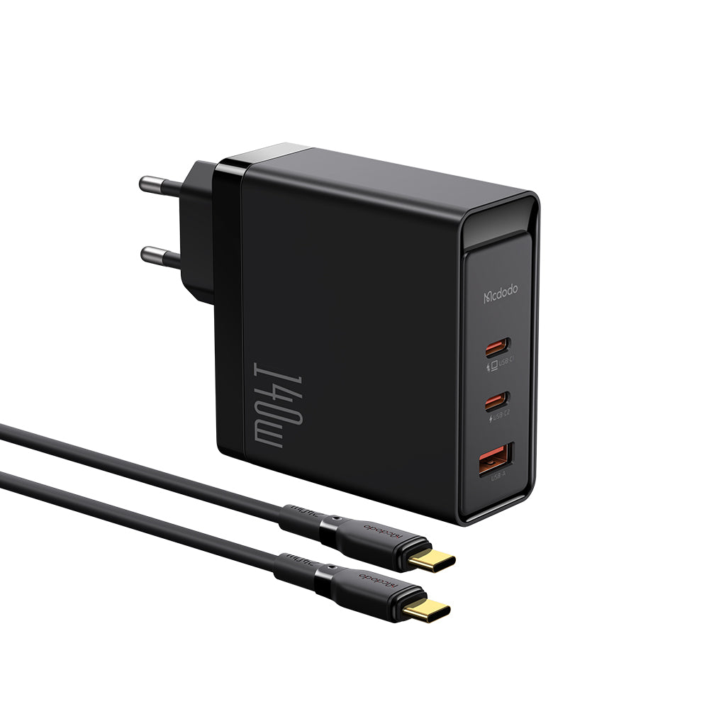 Mcdodo 140W GaN Charger - Dual Type-C + USB Fast Charger for iPhone and Android with Multiple Charging Protocols Wall Charger & Cable Set.