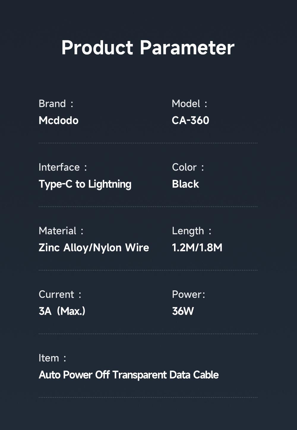 Mcdodo Digital Pro Auto Power Off USB-C to Lightning Transparent Data Cable (1.8M) - Mcdodo Online
