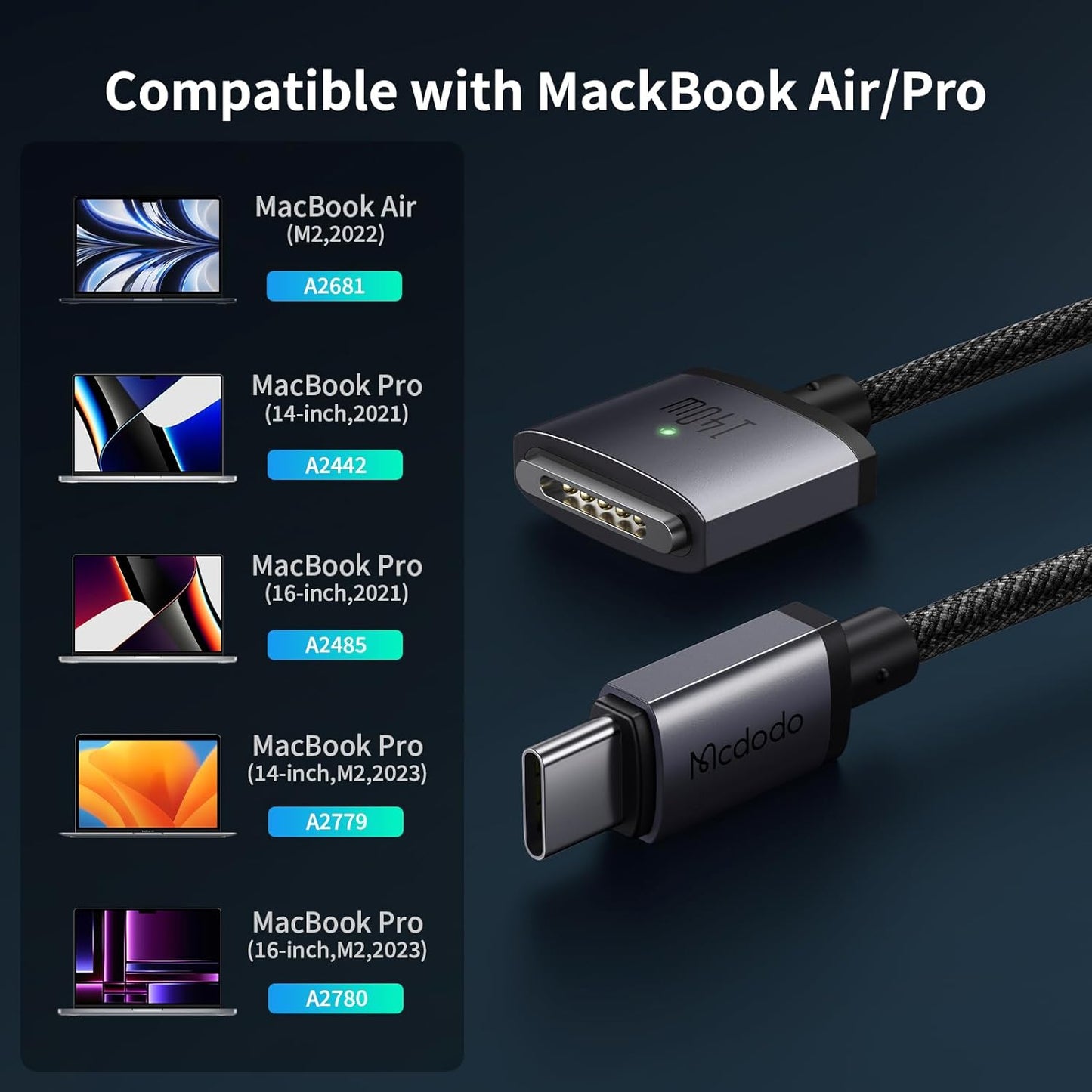 Mcdodo 140W USB-C Magnetic Charging Cable: Fast Charge for MacBook Pro & Air 2m.