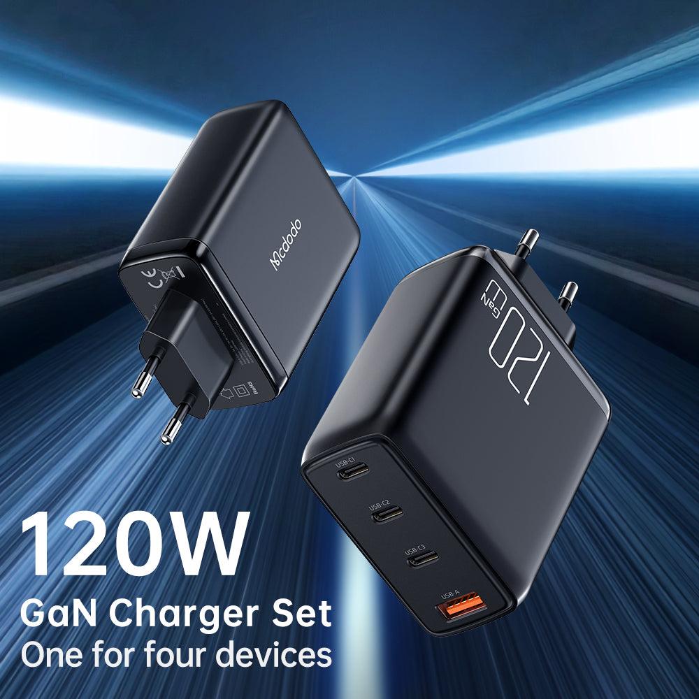 Get Fast Charging and Multiple Port Compatibility with Mcdodo GaN 120W PD USB-C3+USB1 Wall Charger & Cable Set (EU Plug) - Mcdodo Online