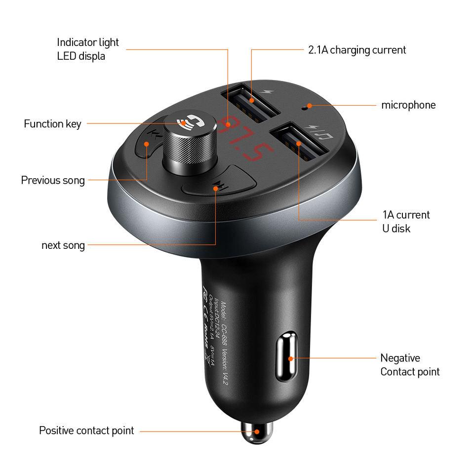 Mcdodo BT Car Kit Microphone Handsfree Audio Version Stereo Dual Usb Car Charger Fm Transmitter Sup BT5.0 Usb. - Mcdodo Online