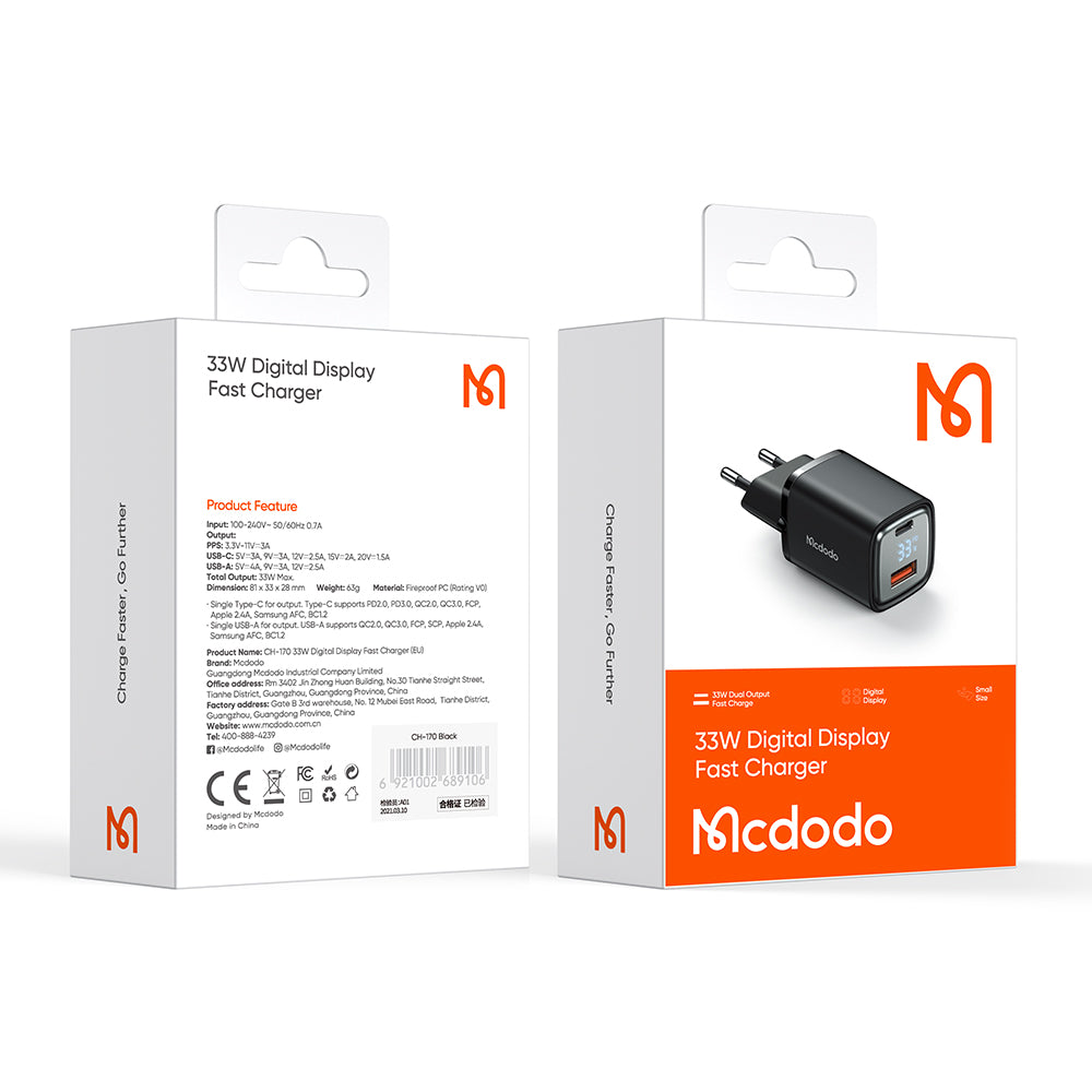 Mcdodo Digital Display PD+QC Dual Port 33W Fast Charger.