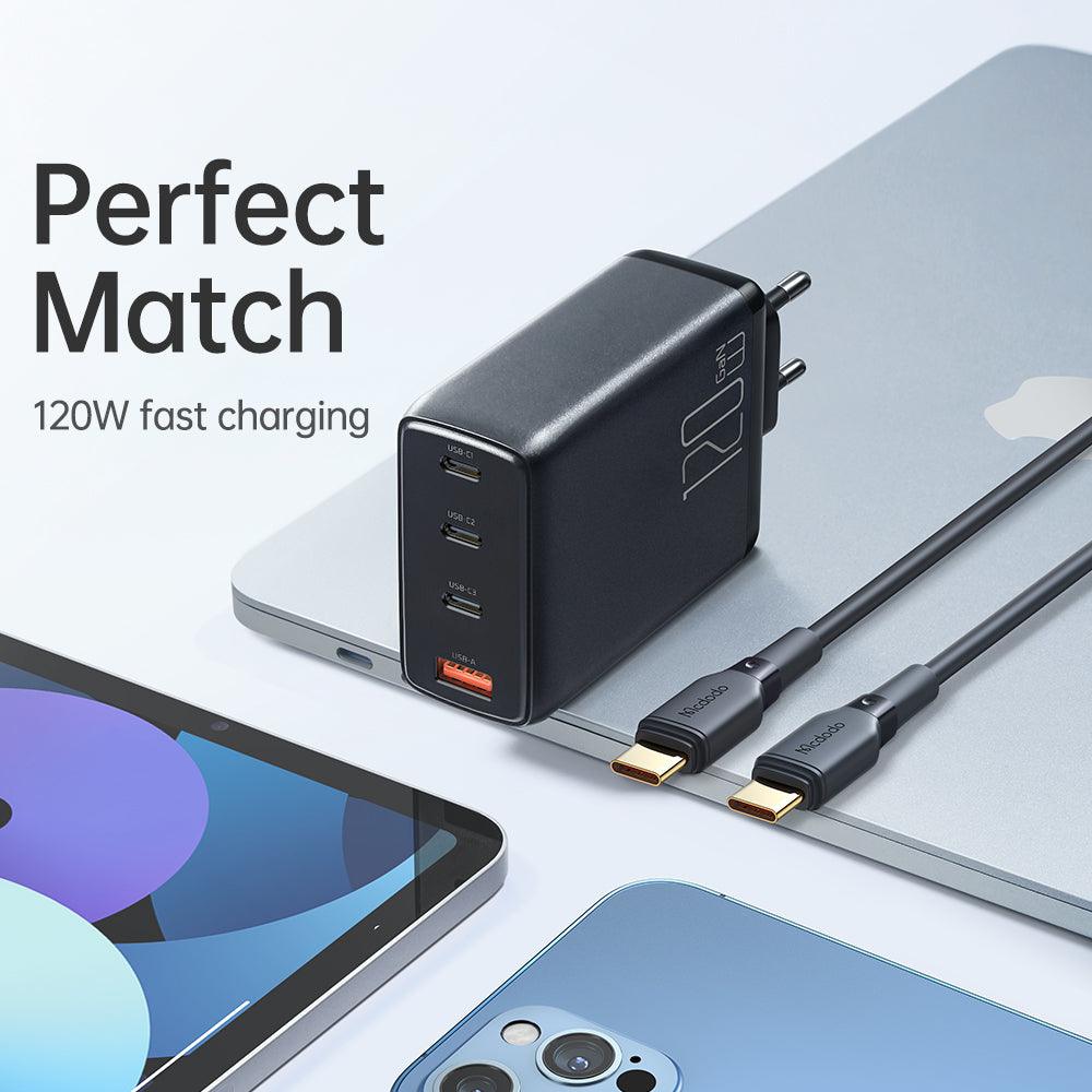 Get Fast Charging and Multiple Port Compatibility with Mcdodo GaN 120W PD USB-C3+USB1 Wall Charger & Cable Set (EU Plug) - Mcdodo Online